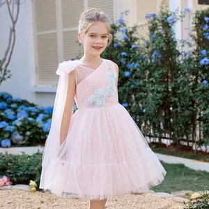 Vestido de princesa infantil com apliques de tule rosa, vestido de festa para meninas e crianças, vestido de flores para casamentos