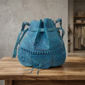 Sac à dos en cuir véritable bleu fait main avec fermeture à cordon, style classique, sac de voyage durable pour femmes - Product Image 1