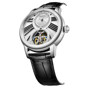 Montre mécanique squelette Caluola Flywheel avec verre <span class=keywords><strong>saphir</strong></span> synthétique arqué, bracelet en <span class=keywords><strong>cuir</strong></span>, étanche 5 ATM pour homme - Product Image 1