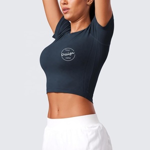 Top corto de entrenamiento deportivo para mujer, verano, de alta elasticidad licra, ajustado, mangas raglán, ropa activa, Color sólido, ecológico, rápido - Product Image 5