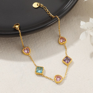 Heart <b>Charm</b> Women's Trendy <b>Bangles</b> Cubic Zirconia Chain 14K Gold PVD Stainless Steel Colorful CZ Perfect Christmas Gift - Product Image 4