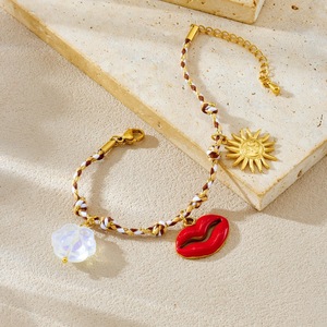 Handmade Braided Rope <b>Bracelet</b> With <b>Red</b> Lip Sun Pendant Bohemian Style Women's Jewelry - Product Image 3