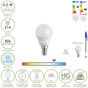 Lampadina LED, sferica, attacco a vite E14. 6,5 Watt. Equivalente a 55 Watt. 806 Lumen. Bianco Freddo 6500K. - Product Image 1