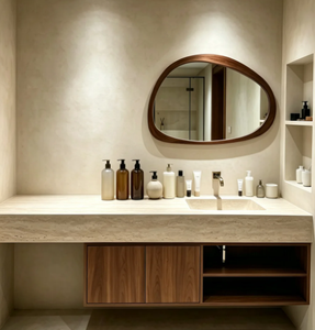 Mueble de Baño Flotante Moderno de Nogal con Encimera de Piedra Sinterizada Montada en la Pared para Villa - Product Image 5