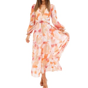 <span class=keywords><strong>Vestidos</strong></span> Midi Casuales de Manga Larga con Estampado de Cuello en V Largo para <span class=keywords><strong>Mujer</strong></span>, Estilo Bohemio Nuevo de Primavera y Otoño - Product Image 1