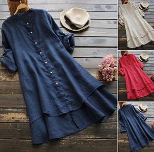 JiyunD Ms. abito camicia lunga a maniche lunghe in <span class=keywords><strong>cotone</strong></span> e lino con bottoni tinta unita - Product Image 6