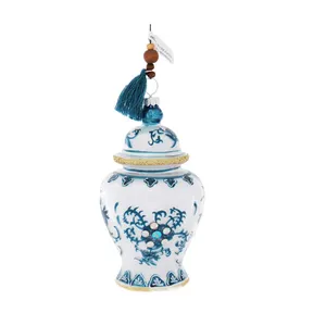 Stoples Kaca Mini Tiup Tangan Ornamen Natal, Toples Jahe Biru dan Putih