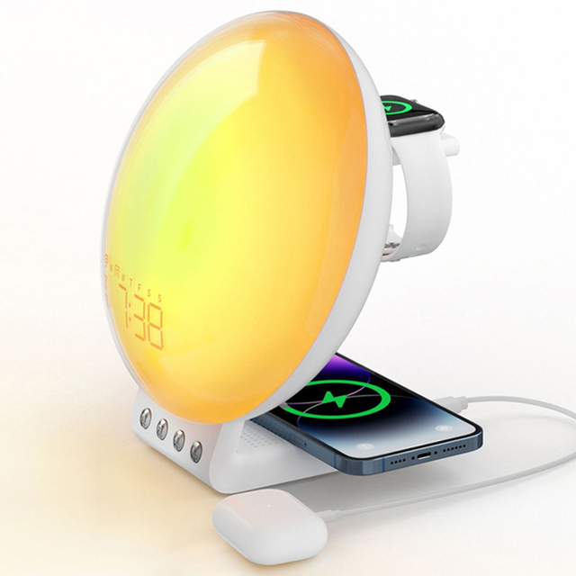 Smart Wireless Charger Lamp Digital Clock Nature Sounds Alarm Clock Atmosphere Light for Home Office Wake up Light
