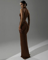 Robe longue sexy pour femme, style licou, froncée, avec fermeture éclair au dos, sans manches, coupe ajustée, fendue, pour soirée, club et fête