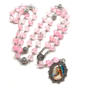 Collana Rosario con Perline in Lega Rosa, Ciondoli a Cuore Rosa, Grani dei Sette Dolori, Miracolosi Cuori della Vergine Maria per Bambine Cattoliche - Product Image 3