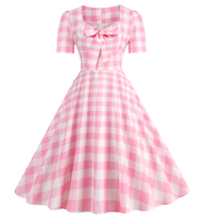 Robe pour filles écologique, jeune et charmante, maxi en crochet à carreaux roses, style doux avec taille naturelle, taille unique