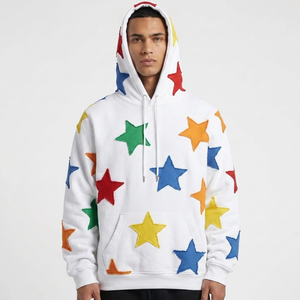 Men's White Pullover Hoodie with Multicolor Chenille <b>Star</b> Patches - Streetwear Fleece Hooded Sweatshirt with Kangaroo Pocket - Product Image 1