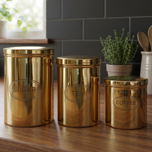 Golden Metal Spice <b>Canisters</b> <b>Set</b> Round Airtight Food Storage Containers Minimalist Design - Product Image 5
