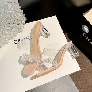 Sandalias de tacón alto grueso con punta cuadrada transparente de 5/7 cm para mujer, con correa de cristal, estilo mule, sin cordones - Product Image 4