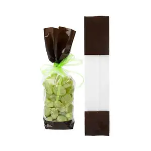 キャンディークッキー用の高品質の大きな透明なOppプラスチックチョコレートブラウンソリッドトップフラットボトムバンドプリントチェロガセットバッグ