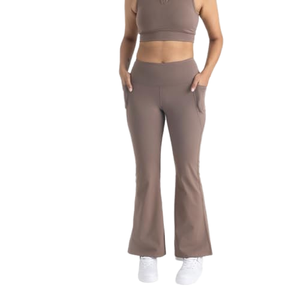 High Waist <b>Flared</b> Leg Yoga <b>Leggings</b> With Pockets Solid Color Full Length Spandex Polyester Four-Way Stretch Elastic Waist - Product Image 2