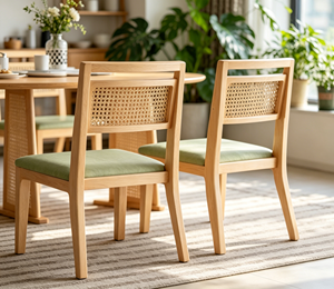 Chaise de salon scandinave en bois avec assise rembourrée verte et dossier en rotin, mobilier moderne pour la maison - Product Image 2