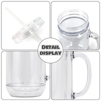Vente en gros Nouveauté Prêt à expédier Gobelet en plastique PP à double paroi transparent de 500 ml Pré-percé Gobelet en plastique Mason avec poignée 25 pièces