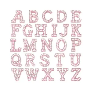 Personalise pink Pearl and numbers rhinestone letter patches for Iron on embroidery