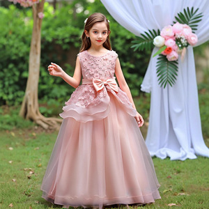 Robe de demoiselle d'honneur rose, robe de bal, col rond, jupe tutu pour enfants, pour fête de mariage, spectacle - Product Image 5