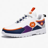 Baskets de sport en maille blanche à grille, personnalisables OEM, avec panneaux géométriques quatre couleurs (bleu marine, violet, orange), à lacets, amorties, pour la course à pied