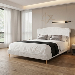 Modern European <strong>White</strong> Teddy Boucle Upholstered Platform Bed Curved Wing Headboard Solid <strong>Oak</strong> Legs <strong>Bedroom</strong> <strong>Furniture</strong> - Product Image 5