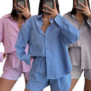 Conjunto Casual de Moda para <span class=keywords><strong>Mujer</strong></span>, Verano 2026, Ropa de Calle, Camisa de Manga Larga a Rayas y Pantalones Cortos, Conjunto de 2 Piezas - Product Image 2