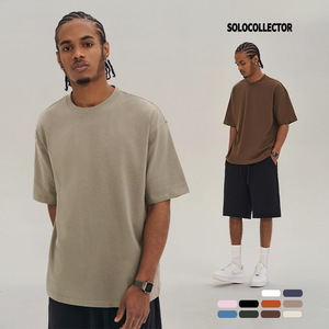 T-shirt pour homme à col rond, manches courtes, couleur unie, 300 grammes, pur coton, coupe ample respirante, vêtements décontractés d'été - Product Image 4