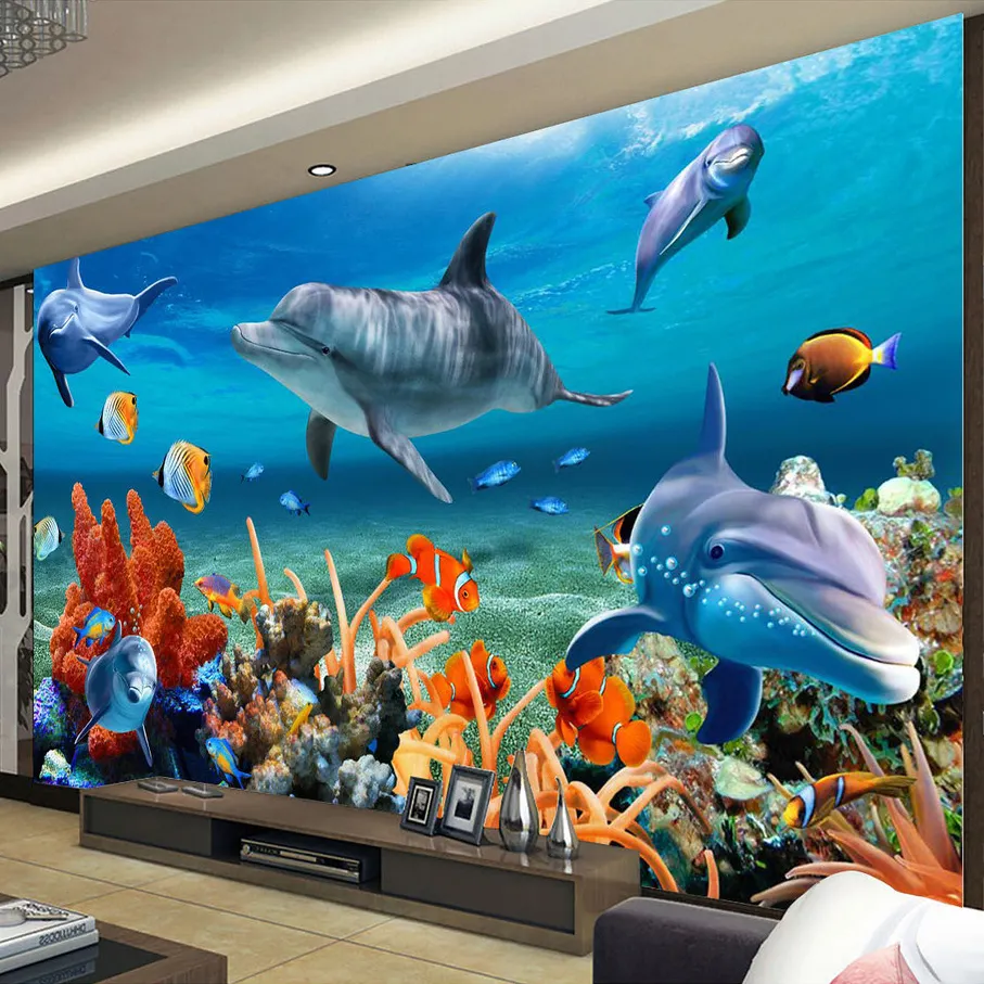 مخصص جداريات خلفيات 3D المحيط الدلفين الأسماك المرجانية غرفة المعيشة أريكة التلفزيون خلفية غير المنسوجة ورق حائط لغرف النوم الجدران 3D