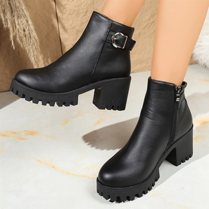 Bottes à talon carré en similicuir noir pour <span class=keywords><strong>femme</strong></span>, vente en gros d'usine - Semelle plateforme avec fermeture éclair latérale en métal - Product Image 3