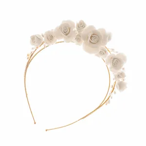 Fashion Handmade Clay Ceramic Flower Freshwater Pearl Wedding Hair Crown Accessories Prom Queen Bridal Tiara Crown Women