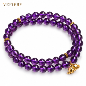 Pulsera Elástica de Cuentas Redondas de Amatista Brasileña Natural con Dije Dorado para Mujer, Proveedor Mayorista de Joyería - Product Image 1