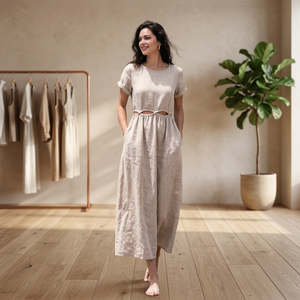 Vestido Midi de Algodón Orgánico a Precio de Fábrica, Cintura Alta, Manga Corta con Volantes, Bolsillos Laterales, Talla Grande, Estilo Vintage para Mujer - Product Image 3