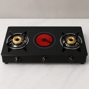 Estufa Híbrida Amor de 3 Quemadores, 2 de Gas + 1 Infrarrojos, Vidrio Templado Negro, Soportes de Hierro Fundido, Compatible con GLP/GN para Cocina Moderna - Product Image 2