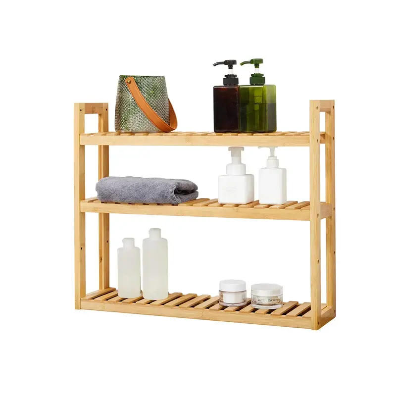 Bamboo Shelves 3-Tier Bathroom Shelf Adjustable Wall Mount Storage Shelf Rack Multifunctional Storage and Organizer Holder Stand