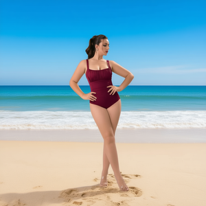 Maillot de bain une pièce grande taille HDJ, effet ventre plat, couleur unie, coupe ajustée, col carré, BZ77071 - Product Image 3