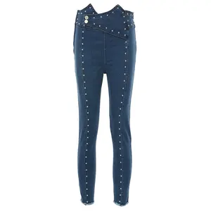 OUDINA 2024 pantaloni a vita alta con due bottoni pantaloni a matita con perline Jeans Skinny Jeans donna