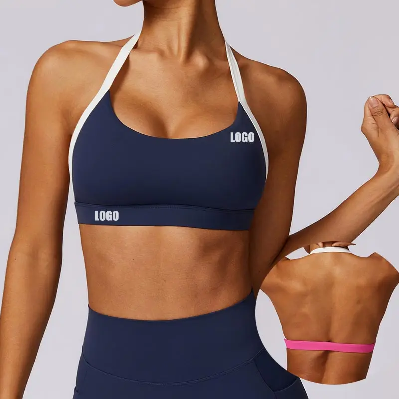 SHINBENE özel Logo kadın Scoop boyun Backless spor sutyen yastıklı Halter Yoga sutyeni