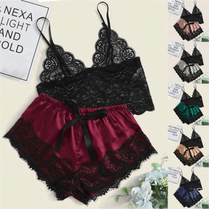 Vente en gros de pyjamas pour femmes, sous-vêtements sexy en soie satinée, lingerie sexy pour femmes, haut en dentelle à bretelles + short, ensemble de pyjama 2 pièces - Product Image 2