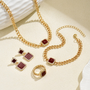 Geometric Necklace <b>Set</b> Gold Tone Square <b>Crystal</b> Pendant Earrings Ring Bracelet Party Jewelry Women Fashion - Product Image 3