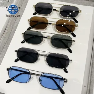 Teenyoun 2024 Trend Small Square Modern Men Oval Sun Glasses Narrow Frame Punk Double Bridge Metal Sun Glasses