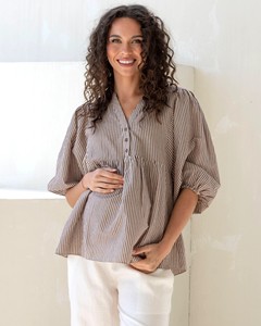 Chemise à manches courtes en coton uni à col en V avec boutons pour la maternité et l'allaitement, chemisier d'allaitement pour femmes enceintes - Product Image 3