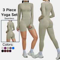 Conjunto de yoga sin costuras para mujer, chaqueta con cremallera, pantalones cortos de cintura alta, leggings, levanta glúteos, ropa deportiva para gimnasio, entrenamiento, fitness.