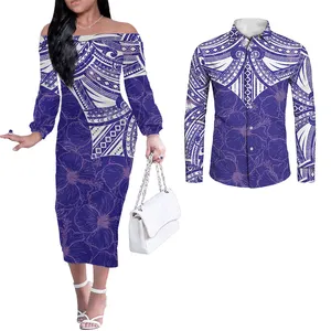 Purple Couple Clothes Long Sleeve Outfits Tattoo Tribal Polynesian Printed Ladies Plus Size Casual Dress Matching Men Shirts