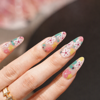 Faux ongles à presser en amande, base transparente, imprimé floral coloré, brillants, motif fleurs d'été, pour femmes, Nail Art