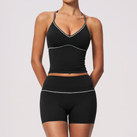 Ensemble de sport pour femme grande taille avec logo personnalisé GH, soutien-gorge de sport à col en V color block et short legging taille haute pour l'entraînement, la gym, la course et le yoga