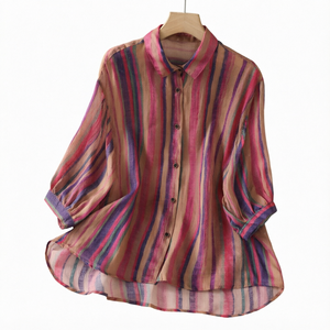 Women's Elegant Striped <b>Linen</b> Blouse <b>Shirt</b> Turn-down Collar Full Sleeve Loose Fit Spring <b>Summer</b> Outwear Translucent Sheer Button - Product Image 1