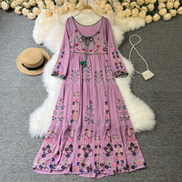 Robes personnalisées pour femmes, robe longue élégante bohème, art rétro, style ethnique, robe à fleurs brodée, col rond, laçage, robe ample
