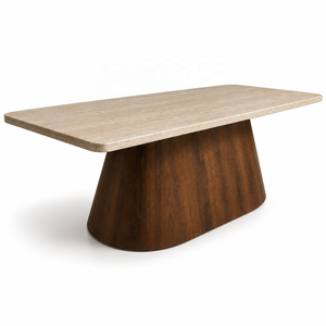 Table à manger rectangulaire moderne en bois massif avec piétement en bois grainé et plateau en travertin marbré, 4 places, mobilier de salle à manger, garantie 3 ans - Product Image 2