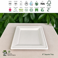 Plateau carré jetable de 8 pouces en pulpe de bagasse de canne à sucre compostable, biodégradable et écologique pour la restauration